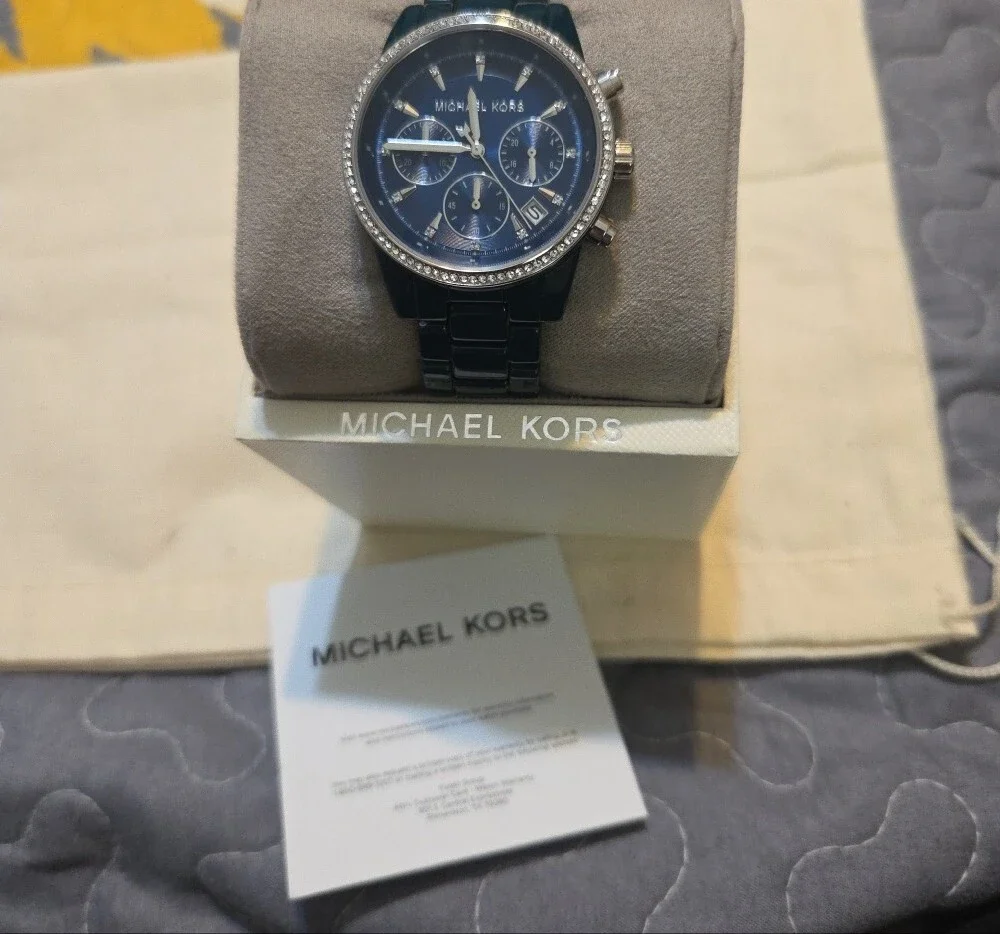 Michael Kors Women's Navy Blue Chronograph Watch with Crystal Bezel